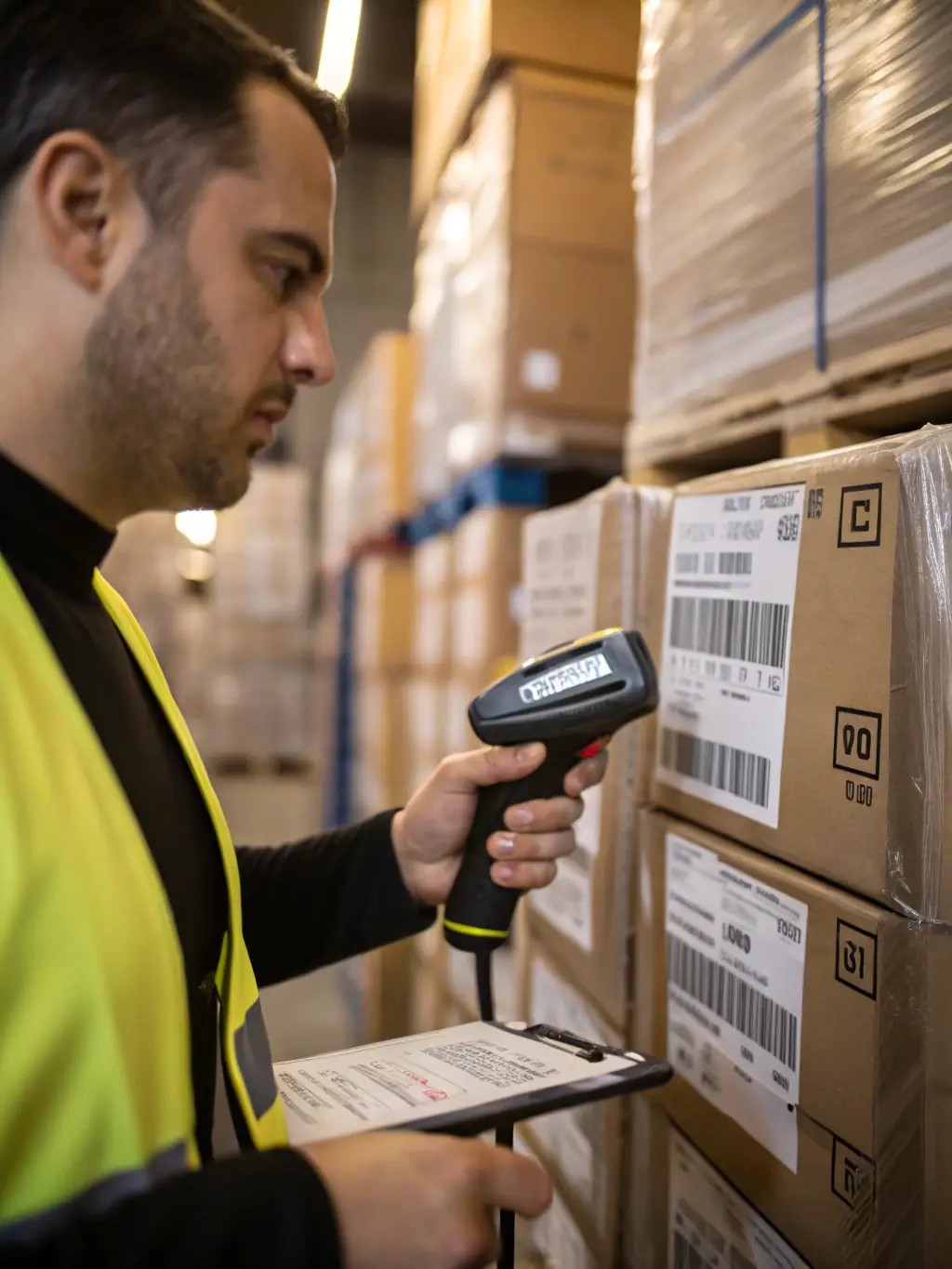 A photo showcasing a detailed photo report of goods ready for shipment, including clear images of packaging and labeling. The setting is a well-lit warehouse environment.