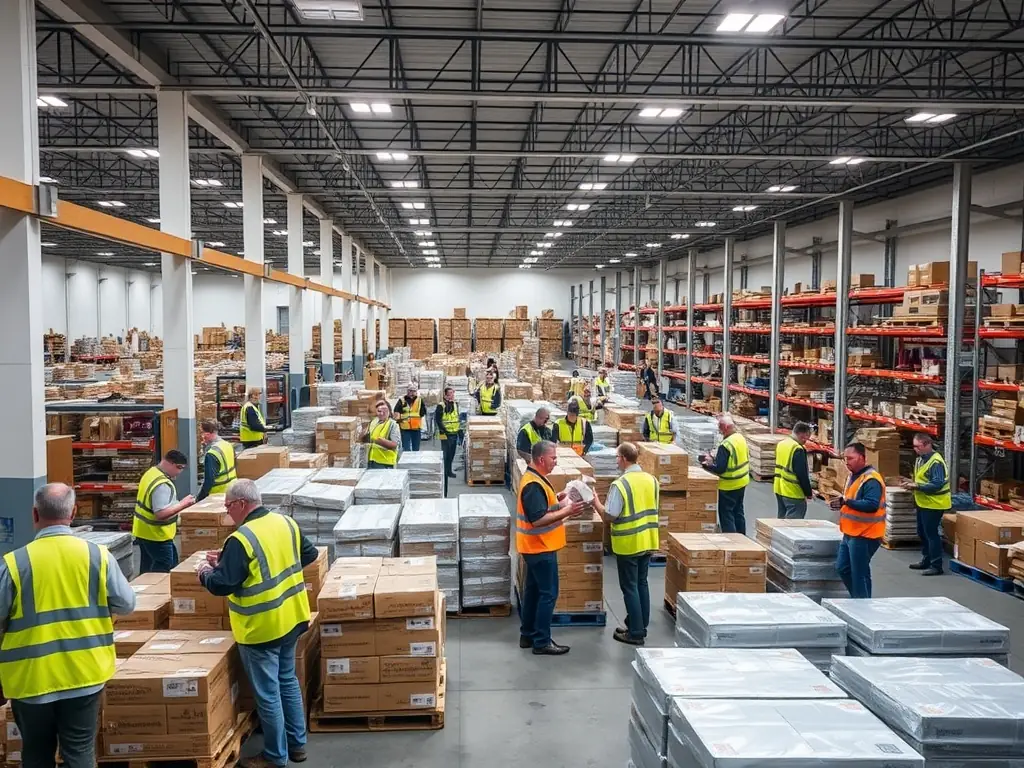 A well-organized warehouse with various packages and boxes, showcasing efficient handling and storage of goods for group shipments.