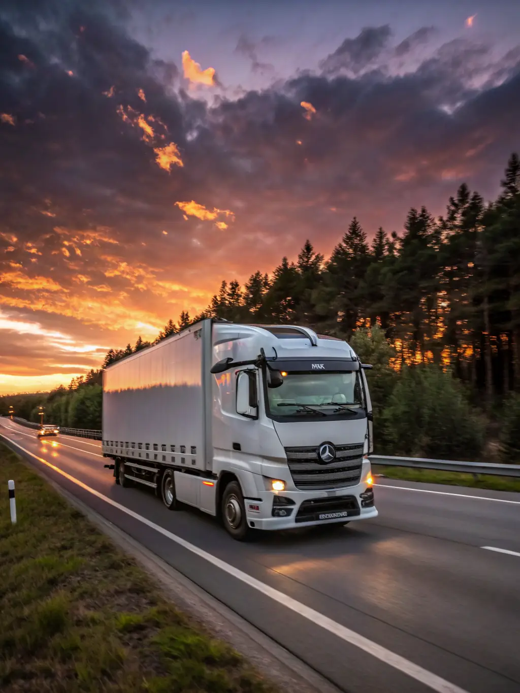 A high-resolution image depicting a delivery truck speeding down a highway, symbolizing fast and efficient delivery services. The background should feature a clear blue sky and open road.